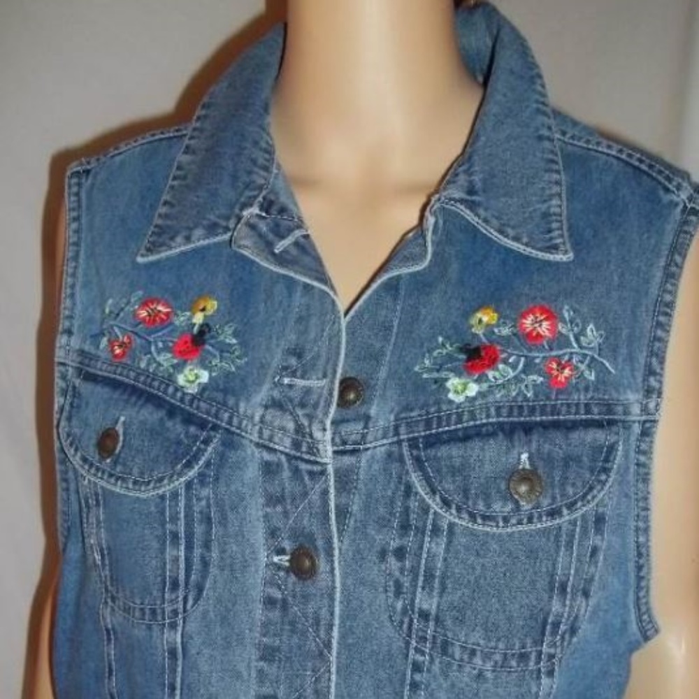 VINTAGE Studio Wear Button Front Denim Embroidered Vest-Large
